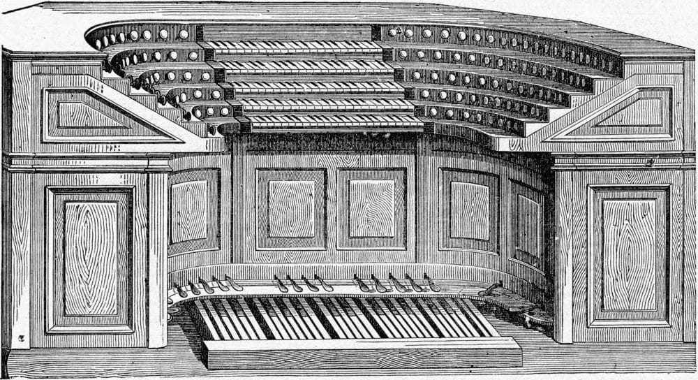 An engraving of a historical organ