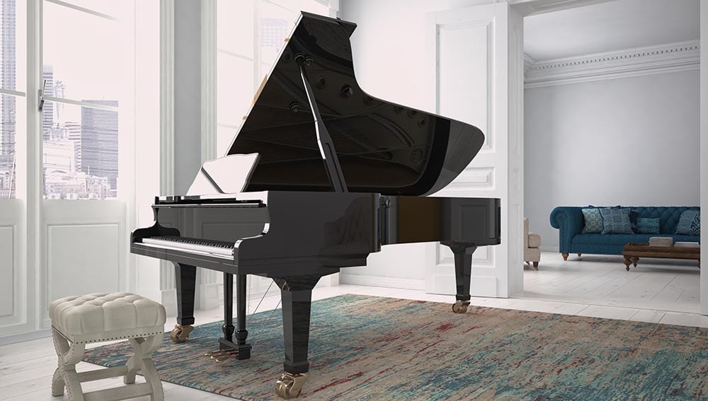 Black piano in a living room. 3d rendering